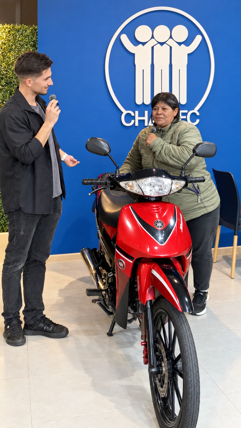 Entrevista en el local de Chapiec junto a una moto roja